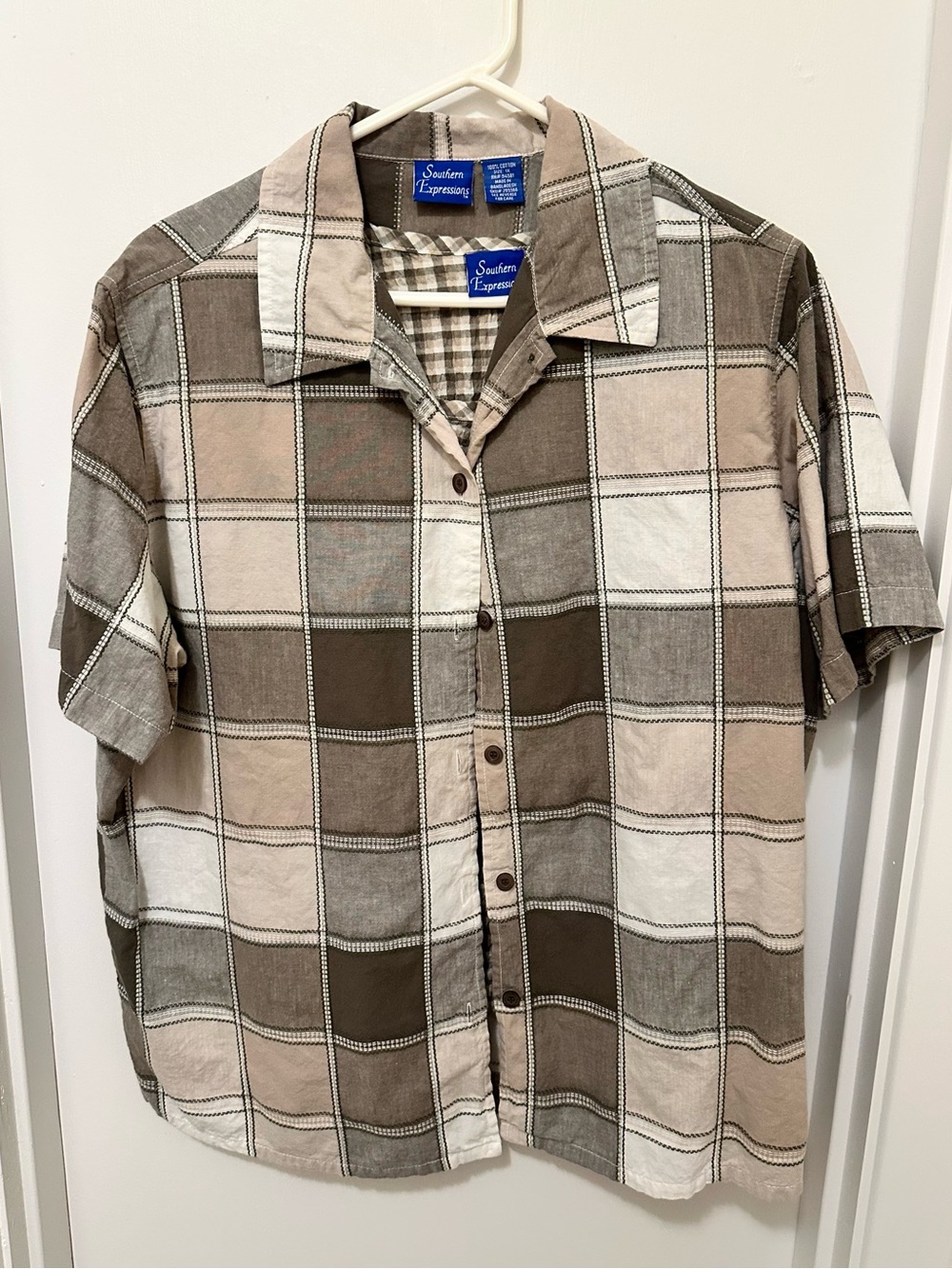 Women’s Layered Short-Sleeve Blouse with Sleeveless Top - Neutral Plaid Multi 1X
